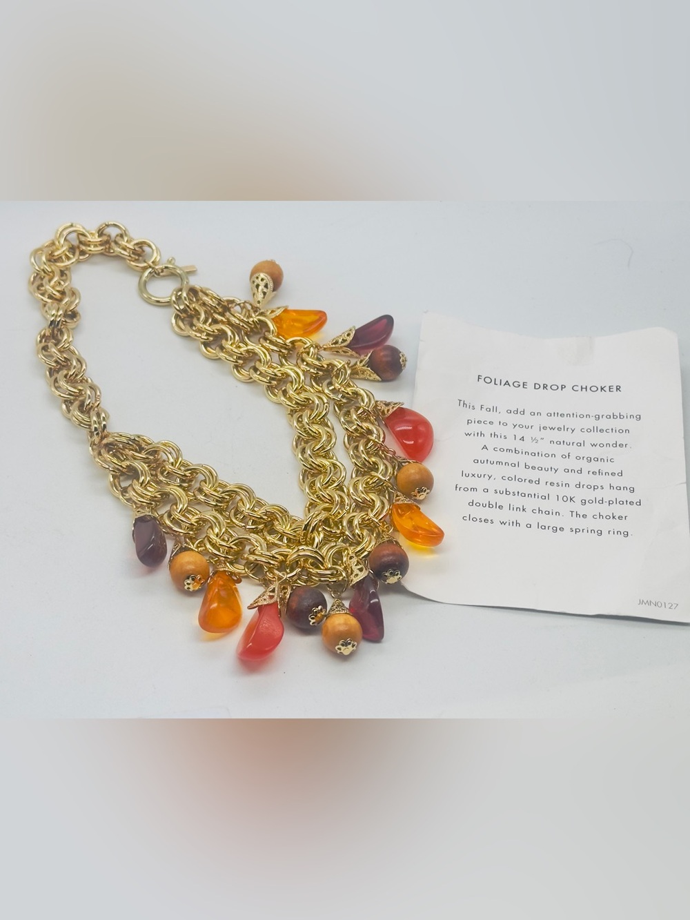 Jewelmint Foliage Drop Choker Necklace Gold Tone Chain Two Strand Faux Gemstone